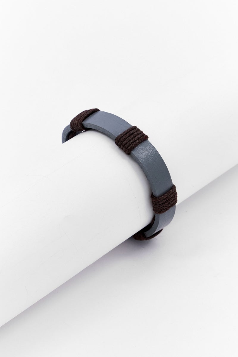 Steeltime Men Leather And Stainless Steel Bracelet, Grey - Image 1